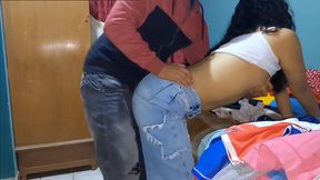 Doggy style sex in clothes, rubbing the ass, dry sex