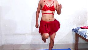 Sexy shemale exercise and show off her tiny clitty and play with white dildo