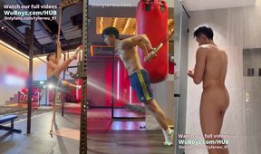 Uncut Asian foreskin played with in gym shower after sweaty workout