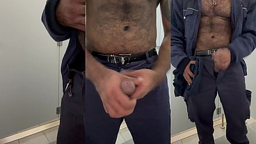 Security guard ejaculated on his work uniform in a public restroom.