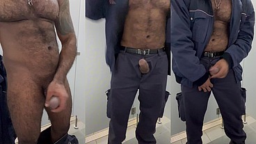 Security guard ejaculated on his work uniform in a public restroom.