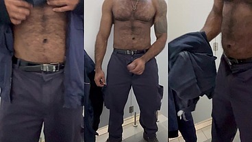 Security guard ejaculated on his work uniform in a public restroom.