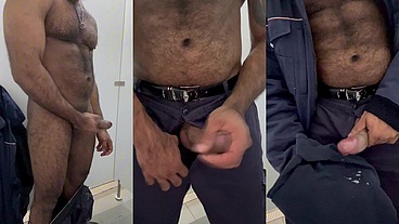 Security guard ejaculated on his work uniform in a public restroom.