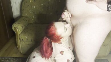 A cute girl greedily sucks a dick and kisses her stomach, for which she gets cum in her face