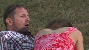 Busty babe gets anally fucked outdoor