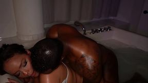 A Latina brunette with a huge ass swallows a full black BBC cock in the jacuzzi