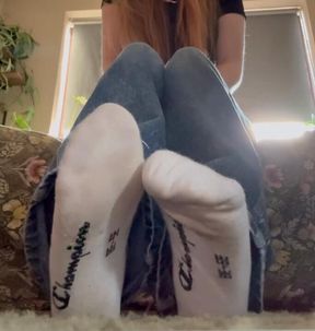 Teasing and showing my cute white socks, they smell so bad!