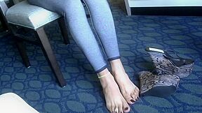 Long-legged Woman Showing Her Sexy Feet In Thong Wedge Sandals