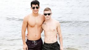 ”Gay men having fun by the shore then in the hotel room”