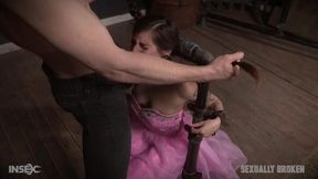 Long-haired beauty gets tied up and gives a deepthroat blowjob