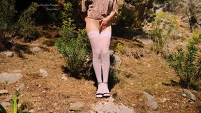 Shiny tan pantyhose, white stockings and sexy jeans shorts