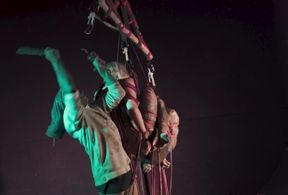 Petite inked tattooed couple Bondage suspended in air with rope and kinky tattoos
