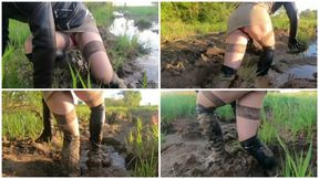 Sexy girl in stockings got stuck hard in deep soft mud with lots of upskirt