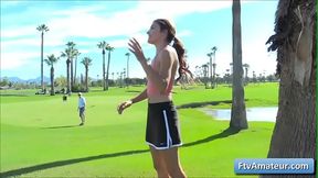 Young cutie brunette amateur Adria reveal her sexy gorgeous body on the golf course