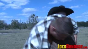 Submissive jock outdoor dominated by wild hunk