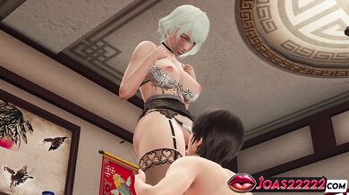 Blonde Bella's stockings soaked in 3D anime squirt of pussy licking and tits bouncing