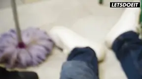 Tattooed MILF takes two cocks in a spitroasted fuck session on the counter.
