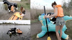 Angry girls chase an inflatable horse on a boat 4K