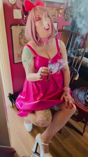 Pink To Make The Boys Wink! Tina Snua In A Leather Dress Smoking A Cigar