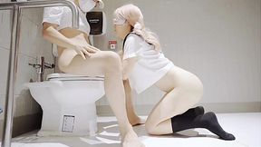 Lovely Blonde Asian College Girl Skips Classes To Fuck With Her BF In the Toilet