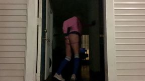 Hot sissy apt door wide open fucking her ass with a dildo so risky