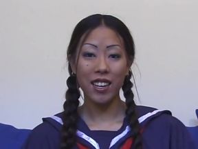 Asian babe pussy fucking big dick sucking in a college uniform...cum in mouth