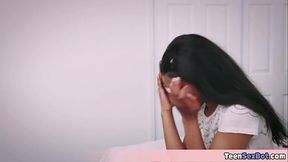 Petite ebony teen gives a sloppy black cock blowjob