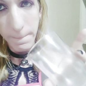 Trans housewife drinking cum in cup