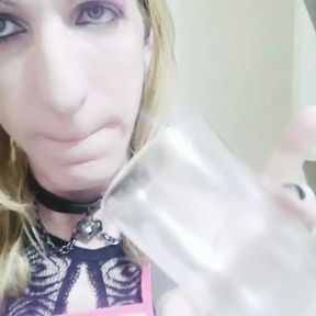 Trans housewife drinking cum in cup