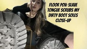 Floor POV: Slave Tongue Scrubs My Dirty Boot Soles Close-Up