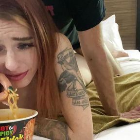 Spicy noodle challenge with blowjob and fuck from behind closeup