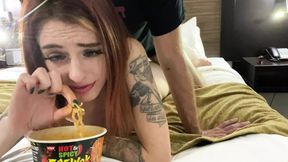 Spicy noodle challenge with blowjob and fuck from behind closeup