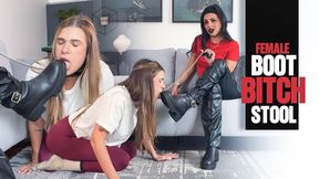 Boot worship training female slave - Mistress Enola - Leashed fem sub , boots worship, licking and used as a footstool FullHd