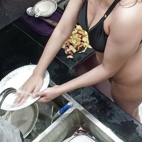 Weather is Hot Desi Housewife Working Nude in Kitchen Fucked By Husband