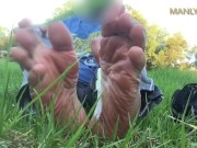 TINY WHITE ANKLE SOCKS - AMAZING TICKLE TOOL PICKED UP WHILE WALKING - MANLYFOOT - 🪶 🦶