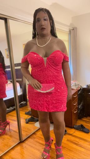 Black Babe Danae Strips From Pink Dress to Lingerie to Nude and Shoots Her Load