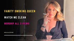 Smoking 100s While Cleaning My Mirrored Dressing Table – Plunge Bodysuit & Leather Bra, Wristwatch On – Wiping & Polishing While Chatting in My British Accent - Miss Lulu Leather - MP4 HD