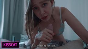 why step mom wakes with step son’s cock in hand post-fight — will she gets face cum in share bed?