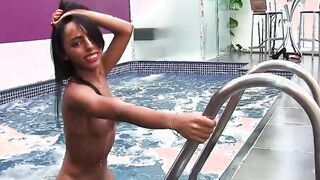 T-Girl Adrielhy Bronze takes a dip and a piss