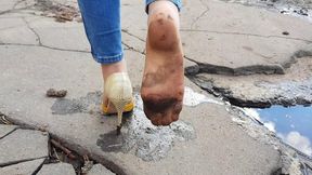 Lost shoe walking, dirty feet, one shoe walk, dirty nylon feet, walk in one shoe