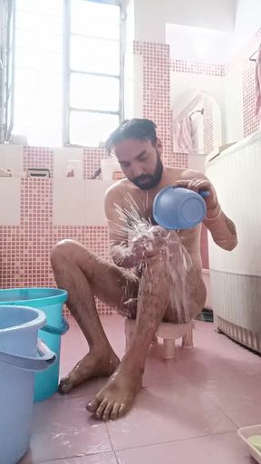 Indian young hairy man take shower with friends and daddy