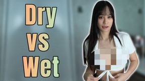 She tries on glistening vs dry panties in transparent material