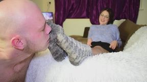 Fuzzy sock sniffing and FJ followed by stinky nylon sniffing and FJ