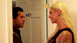 A blonde with a fine body is receiving a hard dick in the bedroom