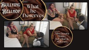 Bullying the Bellhop 3 What He Deserves: OctoGoddess, Sara Star and ManFury in Taboo Femdom Double Domination with Dirty Shoe Sniffing