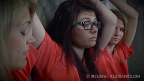 Girl in black bondage gets caned in funny parody