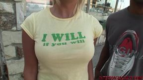 Busty blonde goes for big black cock at the pool