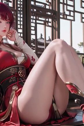 Purple-haired War Maiden in High-slit Kimono, Kneeling to Tease Your Eyes with a Fiery Gaze and a Wet, Forbidden Whisper.