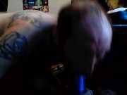 tattooed bi male, practicing how to give a blow job.