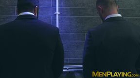 Sexy men in suit gets steamy on rough gay sex in a restroom